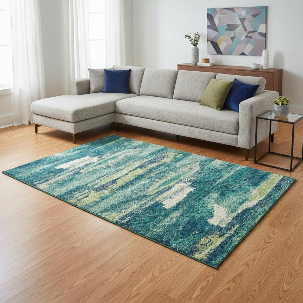 HomeRoots 9' X 12' Emerald Ivory Teal Abstract Washable Area Rug - Durable, Stylish, UV Protected Design 674999