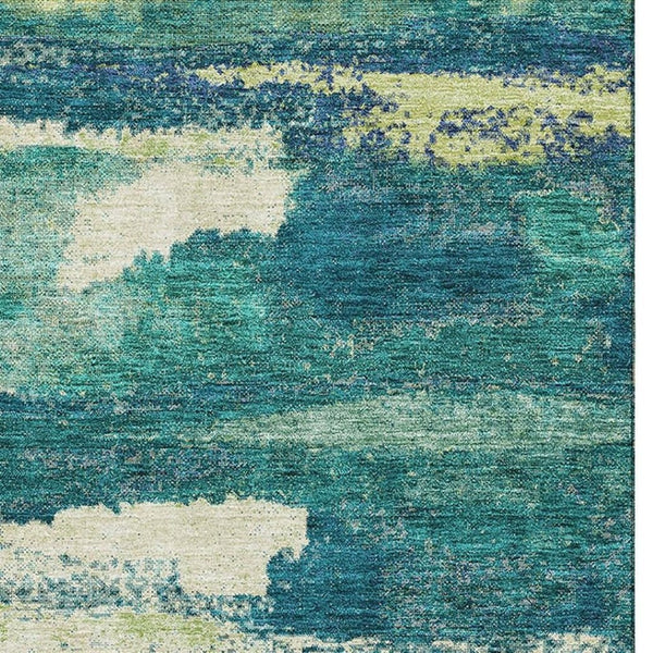 HomeRoots 9' X 12' Emerald Ivory Teal Abstract Washable Area Rug - Durable, Stylish, UV Protected Design 674999