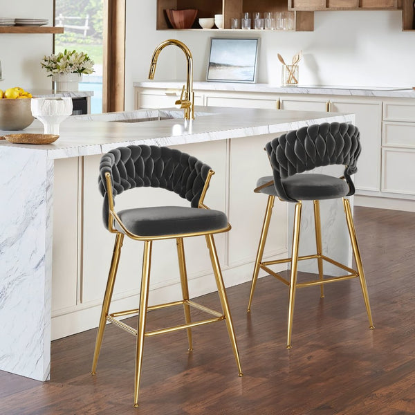 English Elm Counter Height Stools Set of 2 Mid-century Metal Legs Ergonomic Kitchen Island Seating Black T3623P430871