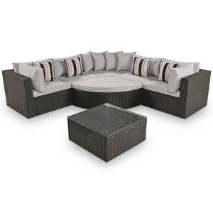 English Elm Go 7 Piece Outdoor Pe Wicker Sectional Set with Steel Frame and Striped Accent Pillows Brown FG201212AAA