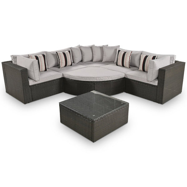 English Elm Go 7 Piece Outdoor Pe Wicker Sectional Set with Steel Frame and Striped Accent Pillows Brown FG201212AAA