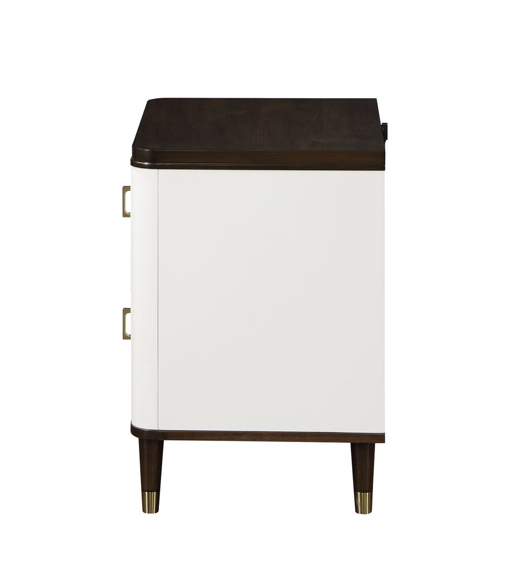 English Elm White White and Brown 2-Drawer Nightstand with USB Port, Beveled Mirror, Metal-Capped Legs, Spacious Storage B062P209003