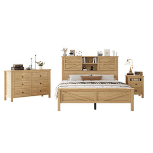English Elm 3-Pieces Bedroom Set Full Size Farmhouse Platform Bed with Storage Headboard, Nightstand & Dresser Natural 46.25 L x 9.25 W x 9 H N733S369037M