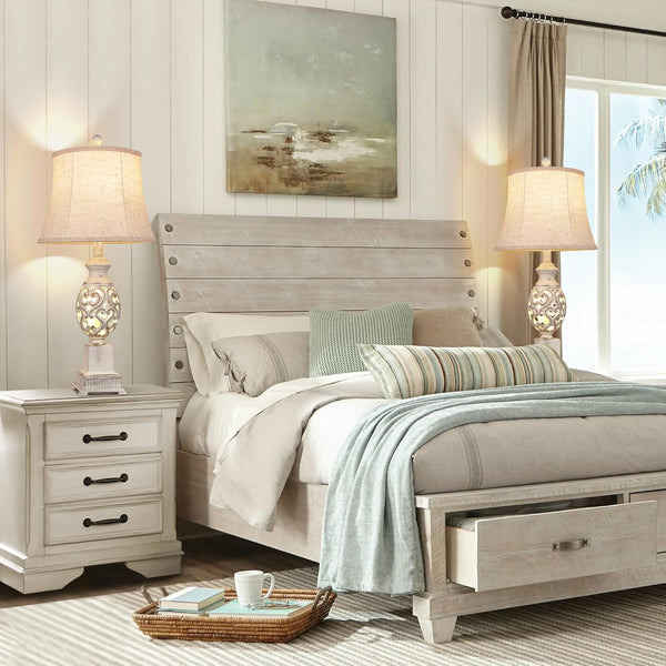 English Elm Table Rustic Farmhouse Bedside Lamps Set of 2 with Nightlight, 4-Way Rotary Switch, Linen Shade LED White W3355P391491