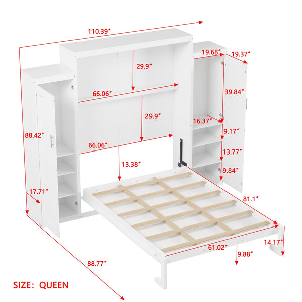 English Elm Queen Murphy Bed with 2 Wardrobes & Foldable Platform, Space-Saving White Queen Bedframe 650lbs N733S339767K