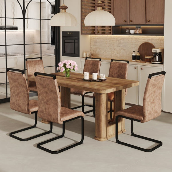 English Elm Table And Chair Set - Modern 64.5" Wood-Textured Dining Table With 6 Stylish Brown Chairs Included W1151S03585-GIGA