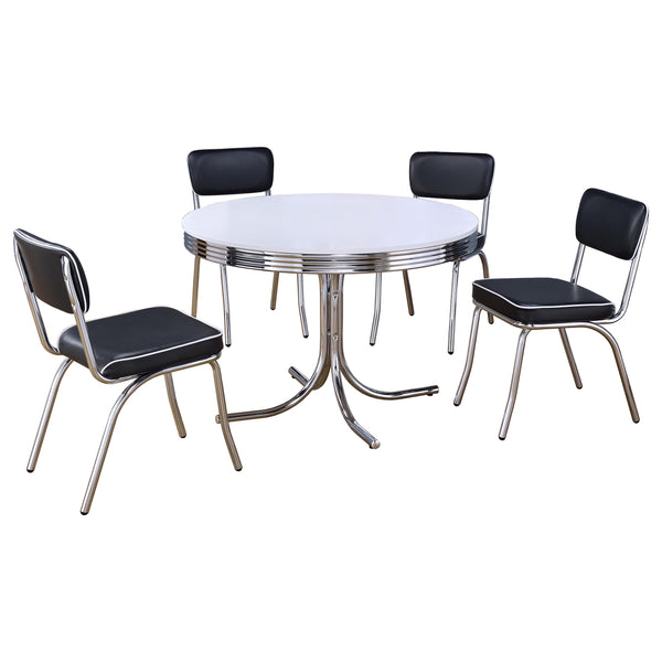 English Elm Marla Mid-Century 5-Piece Dining Set White & Chrome with Round Table and Upholstered Black Chairs B062S01023