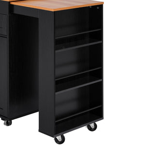 English Elm K&k Rolling Kitchen Island with Extendable Table Open Shelving and Built-in Power Outlet Black N707P360278B