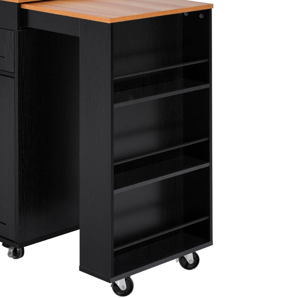 English Elm K&k Rolling Kitchen Island with Extendable Table Open Shelving and Built-in Power Outlet Black N707P360278B