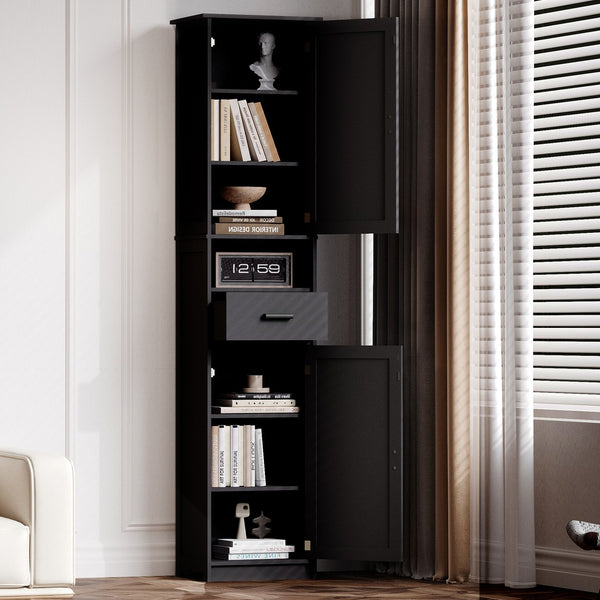 English Elm 69" Tall Bathroom Storage Cabinet with Barn Doors and Drawer, Slim 7-Shelf Floor Unit for Small Spaces Black W3457P336684