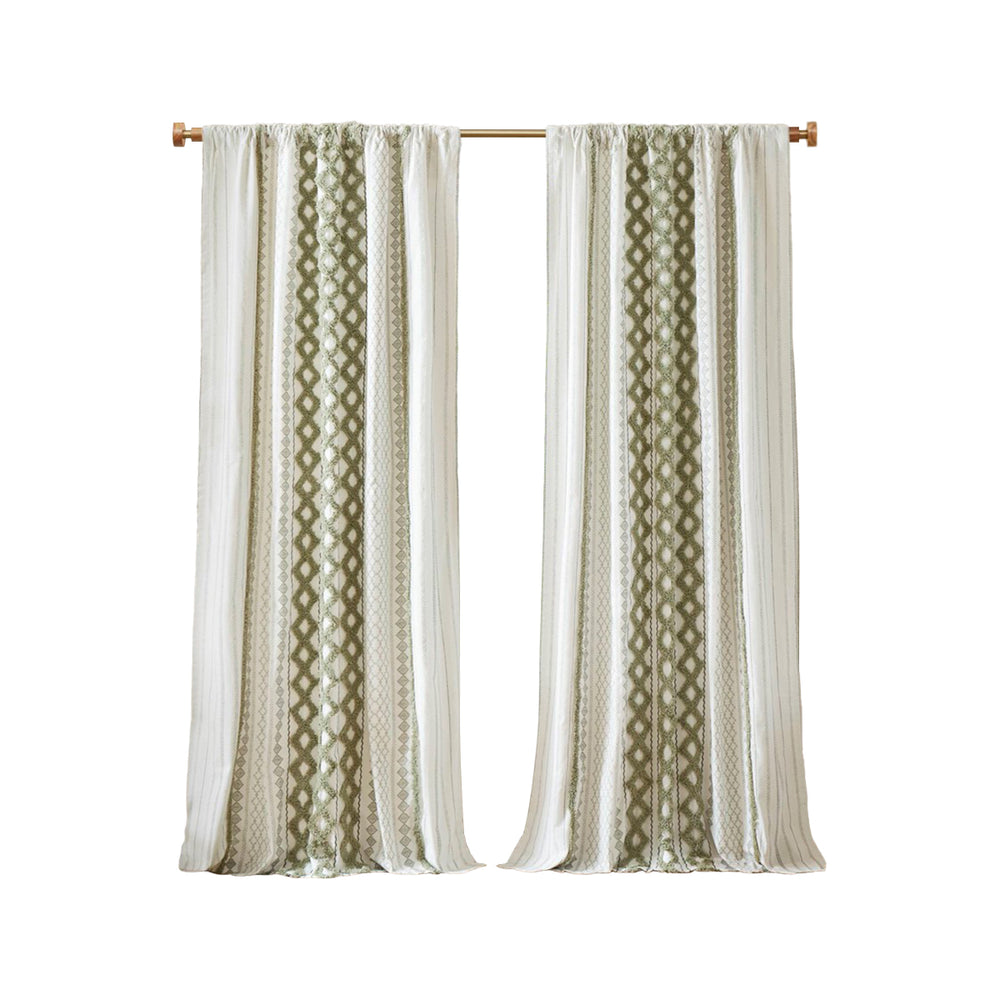 English Elm 1 Pcs Soft Green Cotton Curtain Panel, 50X95", Textured Chenille Stripe, Lined For Light Control B035P319831