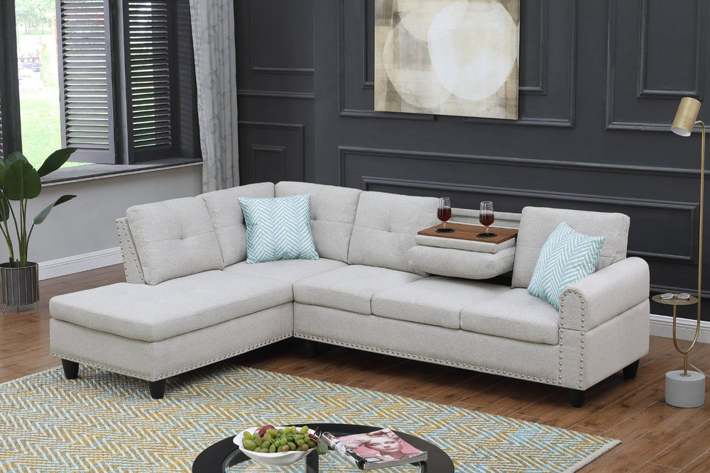 English Elm Black Faux Leather L Shaped Sectional with Cup Holders Nailhead Trim Storage Light Gray B2730S00030