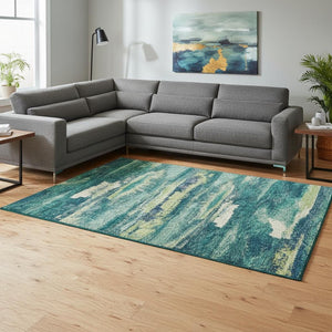 HomeRoots 10' X 14' Abstract Area Rug in Emerald, Ivory & Teal - Washable, UV-Protected for High-Traffic Spaces 675000