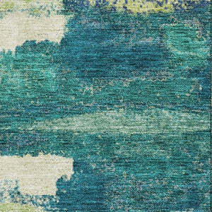 HomeRoots 10' X 14' Abstract Area Rug in Emerald, Ivory & Teal - Washable, UV-Protected for High-Traffic Spaces 675000