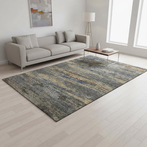 HomeRoots 5' X 8' Stylish Graphite Gold & Blue Abstract Washable Area Rug with UV Protection & Durability 675002