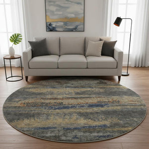 HomeRoots 8' Modern Abstract Round Rug in Graphite, Gold, and Blue - Washable, UV Protected, Durable Design 675003