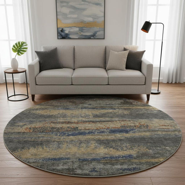 HomeRoots 8' Modern Abstract Round Rug in Graphite, Gold, and Blue - Washable, UV Protected, Durable Design 675003