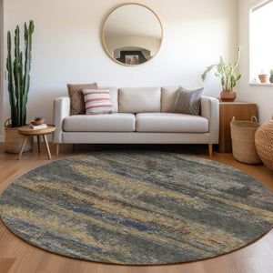 HomeRoots 8' Modern Abstract Round Rug in Graphite, Gold, and Blue - Washable, UV Protected, Durable Design 675003