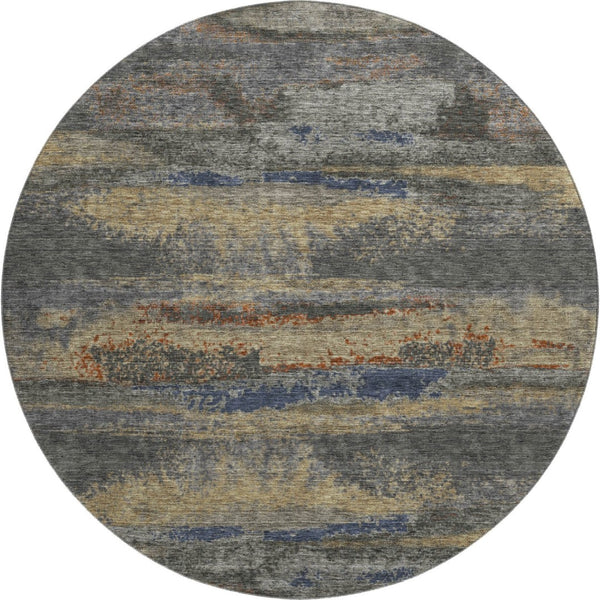HomeRoots 8' Modern Abstract Round Rug in Graphite, Gold, and Blue - Washable, UV Protected, Durable Design 675003