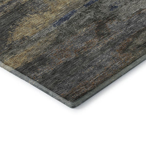 HomeRoots 8' Modern Abstract Round Rug in Graphite, Gold, and Blue - Washable, UV Protected, Durable Design 675003
