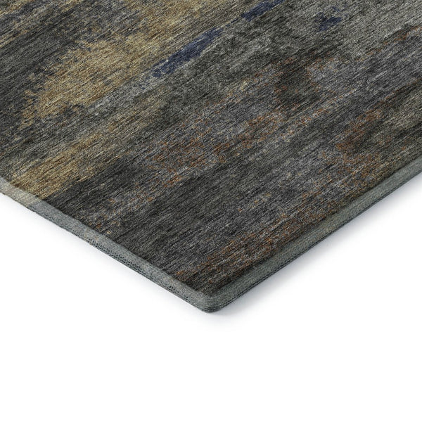 HomeRoots 8' Modern Abstract Round Rug in Graphite, Gold, and Blue - Washable, UV Protected, Durable Design 675003