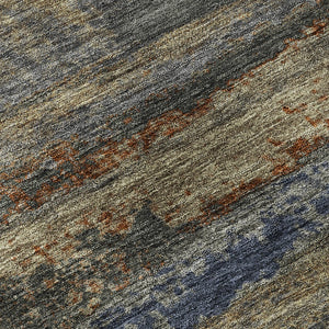 HomeRoots 8' Modern Abstract Round Rug in Graphite, Gold, and Blue - Washable, UV Protected, Durable Design 675003