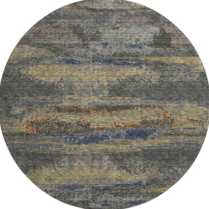 HomeRoots 8' Modern Abstract Round Rug in Graphite, Gold, and Blue - Washable, UV Protected, Durable Design 675003