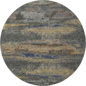 HomeRoots 8' Modern Abstract Round Rug in Graphite, Gold, and Blue - Washable, UV Protected, Durable Design 675003