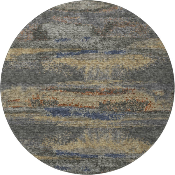 HomeRoots 8' Modern Abstract Round Rug in Graphite, Gold, and Blue - Washable, UV Protected, Durable Design 675003