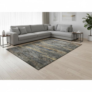 HomeRoots 8' X 10' Stylish Graphite Gold & Blue Abstract Washable Area Rug with UV Protection & Stain Resistance 675004