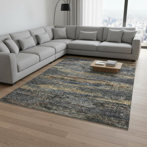HomeRoots 9' X 12' Stylish Graphite Gold and Blue Abstract Washable Area Rug with UV Protection & Durability 675005