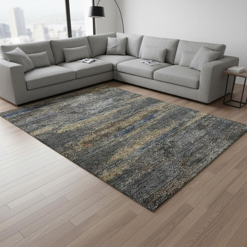 HomeRoots 10' X 14' Modern Graphite, Gold & Blue Abstract Washable Area Rug with UV Protection & Durability 675006