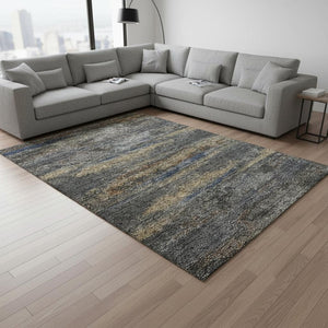 HomeRoots 10' X 14' Modern Graphite, Gold & Blue Abstract Washable Area Rug with UV Protection & Durability 675006