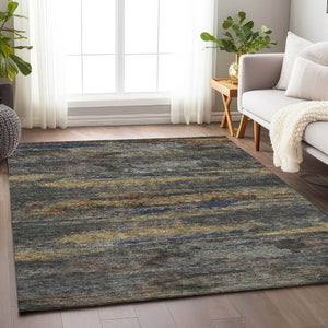 HomeRoots 10' X 14' Modern Graphite, Gold & Blue Abstract Washable Area Rug with UV Protection & Durability 675006