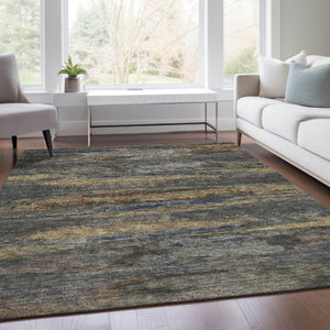 HomeRoots 10' X 14' Modern Graphite, Gold & Blue Abstract Washable Area Rug with UV Protection & Durability 675006