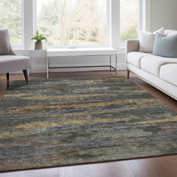 HomeRoots 10' X 14' Modern Graphite, Gold & Blue Abstract Washable Area Rug with UV Protection & Durability 675006