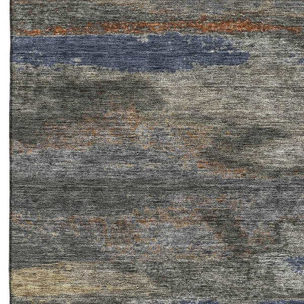 HomeRoots 10' X 14' Modern Graphite, Gold & Blue Abstract Washable Area Rug with UV Protection & Durability 675006