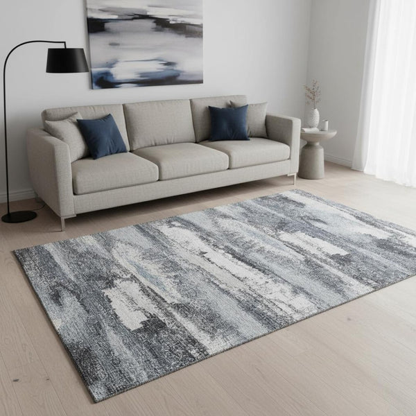 HomeRoots 5' X 8' Modern Gray and Ivory Abstract Area Rug - Washable, UV-Protected, Perfect for High-Traffic Areas 675008
