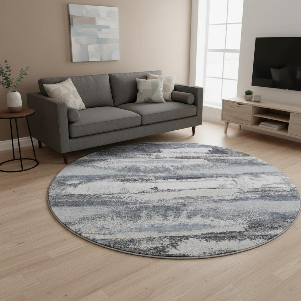 HomeRoots 8' Gray And Ivory Abstract Round Rug – Washable, UV-Protected, Stain-Resistant, Perfect for Busy Homes! 675009