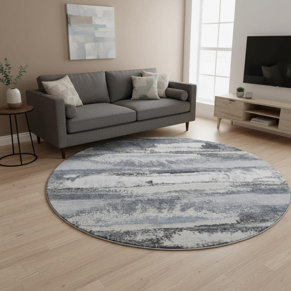 HomeRoots 8' Gray And Ivory Abstract Round Rug – Washable, UV-Protected, Stain-Resistant, Perfect for Busy Homes! 675009