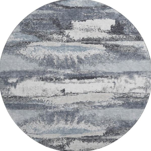HomeRoots 8' Gray And Ivory Abstract Round Rug – Washable, UV-Protected, Stain-Resistant, Perfect for Busy Homes! 675009