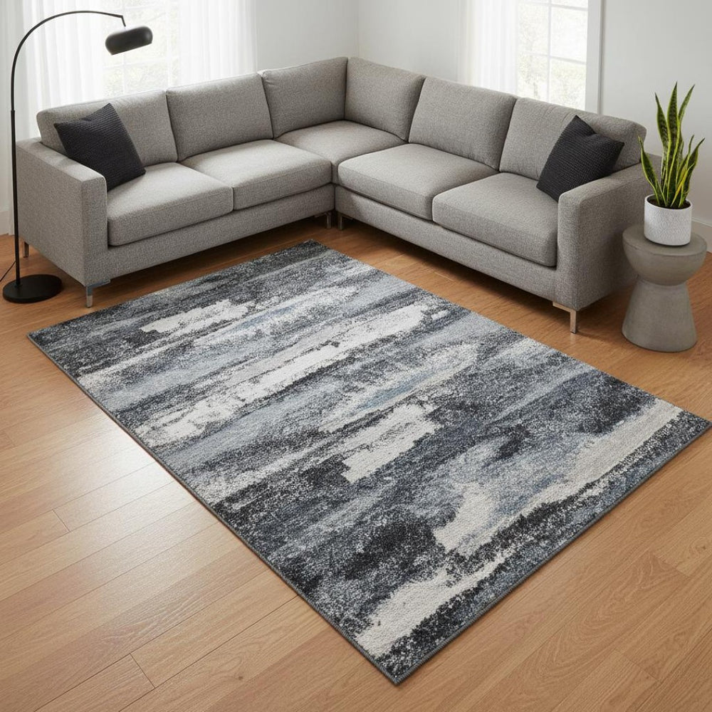 HomeRoots 9' X 12' Gray And Ivory Abstract Washable Area Rug - Stylish, Durable, Stain-Resistant, UV Protected Design 675011