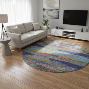 HomeRoots 8' Round Abstract Washable Rug in Lavender, Pink & Orange - UV Protected, Stain-Resistant Design! 675015