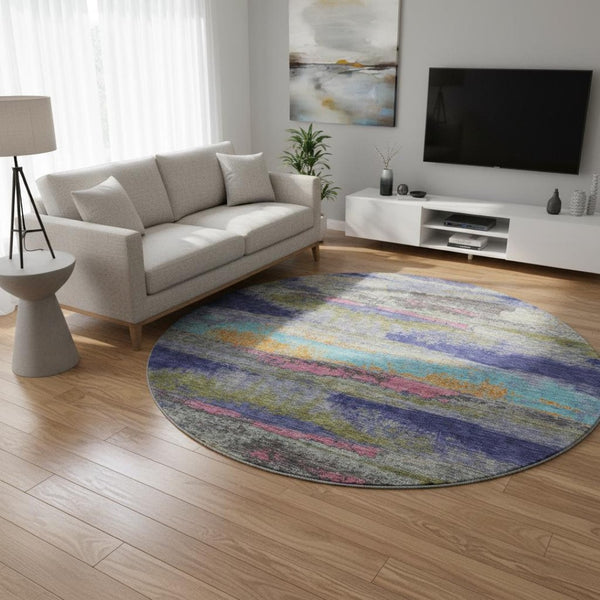 HomeRoots 8' Round Abstract Washable Rug in Lavender, Pink & Orange - UV Protected, Stain-Resistant Design! 675015