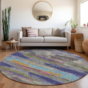 HomeRoots 8' Round Abstract Washable Rug in Lavender, Pink & Orange - UV Protected, Stain-Resistant Design! 675015