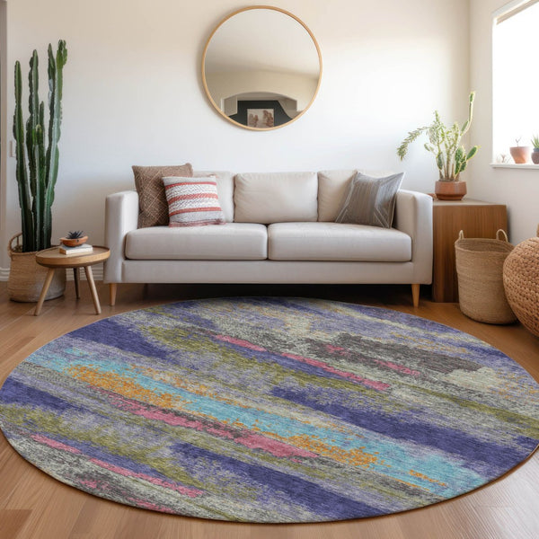 HomeRoots 8' Round Abstract Washable Rug in Lavender, Pink & Orange - UV Protected, Stain-Resistant Design! 675015