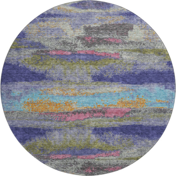 HomeRoots 8' Round Abstract Washable Rug in Lavender, Pink & Orange - UV Protected, Stain-Resistant Design! 675015