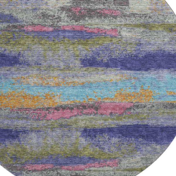 HomeRoots 8' Round Abstract Washable Rug in Lavender, Pink & Orange - UV Protected, Stain-Resistant Design! 675015
