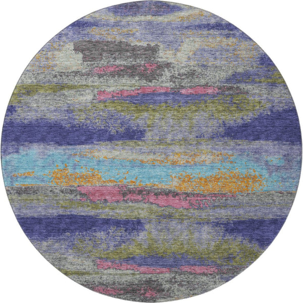 HomeRoots 8' Round Abstract Washable Rug in Lavender, Pink & Orange - UV Protected, Stain-Resistant Design! 675015