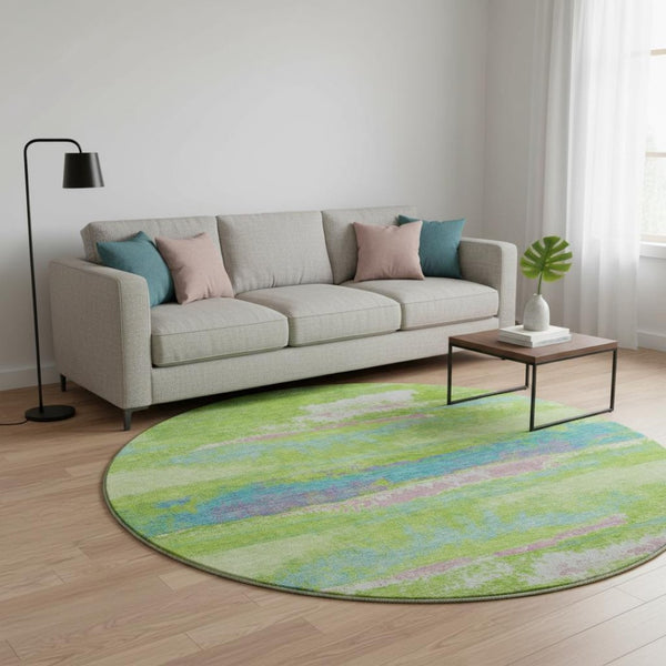 HomeRoots 8' Vibrant Abstract Washable Round Rug in Lime Green, Blue & Pink - UV Protected & Stain Resistant! 675021